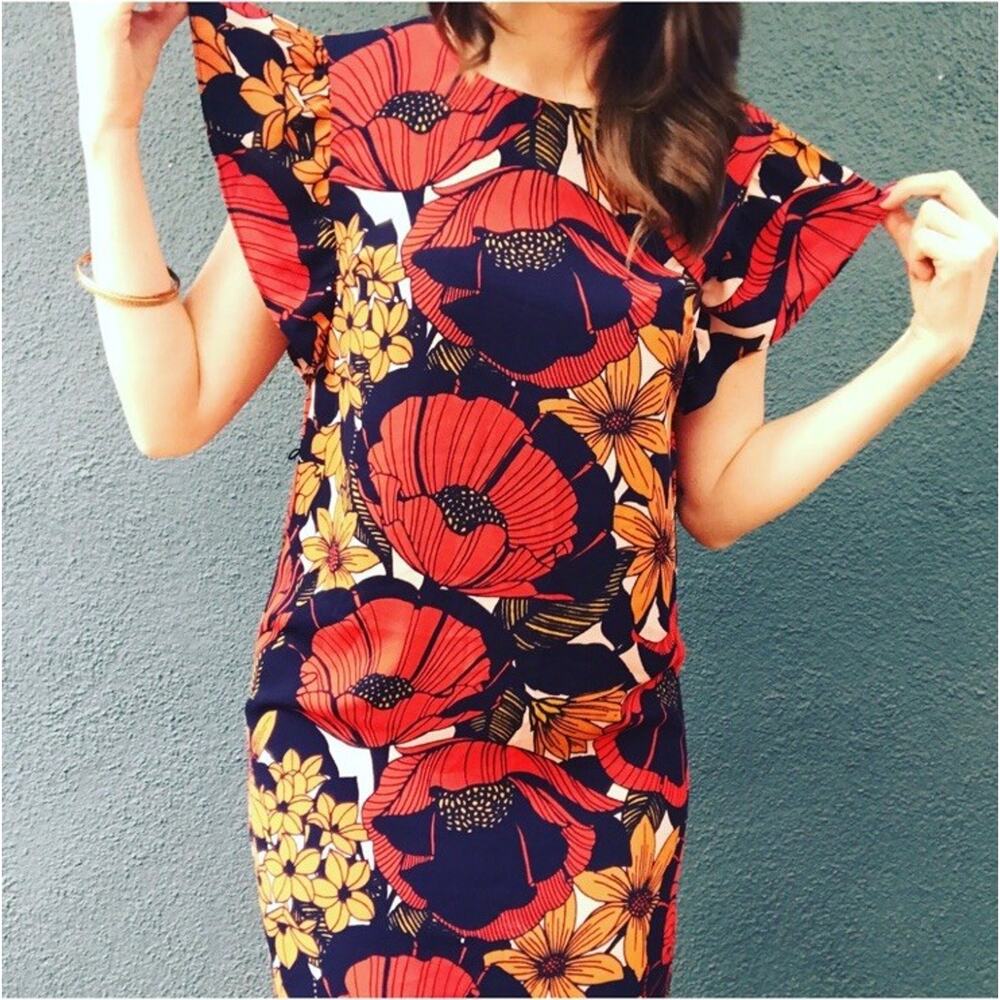Loft Poppy Print Floral Shift Dress Ruffle Slv Sz M Knee Length Red Orange - Picture 4 of 8